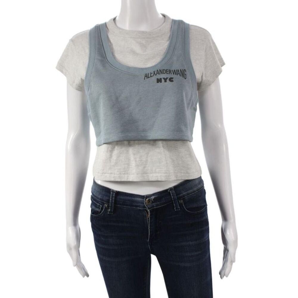 Alexander Wang Women Cropped Blue Cotton Crewneck Short Sleeve T-Shirt Size XS